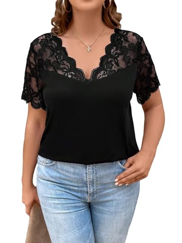 OYOANGLE Women's Plus Size Contrast Lace Scallop Trim Short Sleeve